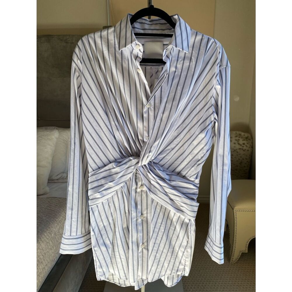 Christopher Esber Blue and White Striped Twist-Front Button-Down Shirt